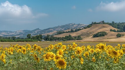 Fototapeta premium Large expanses of sunflowers blooming, and the flat backdrop creates an endless sea of flowers, capturing the beauty of nature, perfect for artistic or photographic backgrounds.