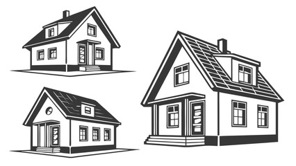 Collection of stylized black and white illustrations of traditional detached houses with pitched roofs and dormer windows