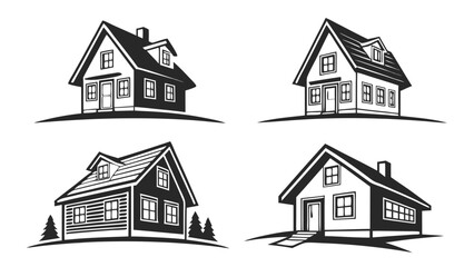Collection of four stylized black and white vector illustrations of houses and cottages on white background