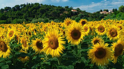 Fototapeta premium Large expanses of sunflowers blooming, and the flat backdrop creates an endless sea of flowers, capturing the beauty of nature, perfect for artistic or photographic backgrounds.