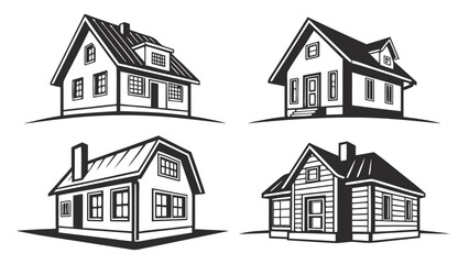 Collection of stylized black and white vector illustrations of various detached houses and cottages on white background