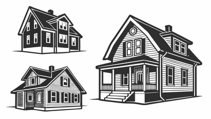 Collection of three distinct black and white vector illustrations of traditional american residential houses with detailed architectural elements