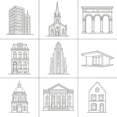 Architectural building illustrations in linear style on white background  