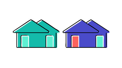 Two simple cartoon houses side by side one teal and one purple with contrasting doors on a black background