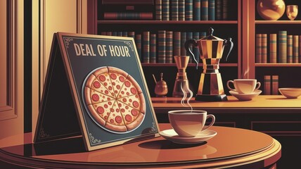 Pizza deal in cozy coffee shop with vintage decor and warm lighting