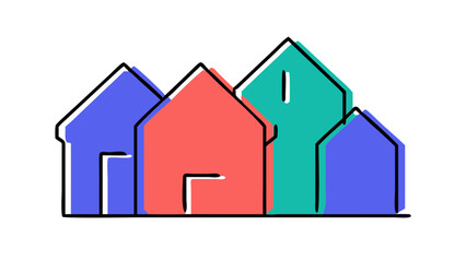 A colorful illustration of simple stylized houses with black outlines against a black background representing community and shelter