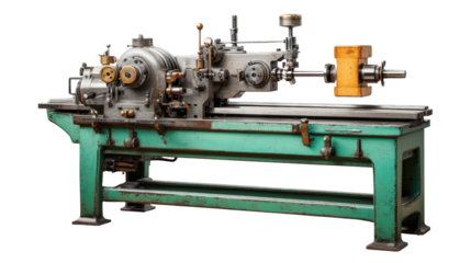 Lathe machine in a workshop background isolated on a Transparent background, PNG file.