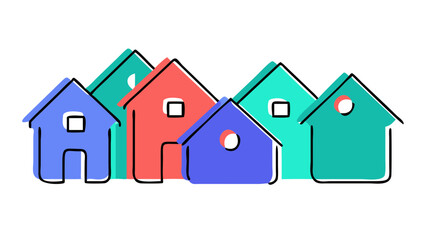 A colorful minimalist illustration of a row of simple stylized houses with black outlines on a black background