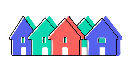A row of colorful simple cartoon houses with doors and windows against a black background representing community and housing