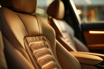 Close-up of stitched leather car seat inside luxury vehicle with ambient lighting