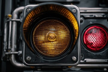 Fototapeta premium Traffic signal with amber light illuminated near an intersection during evening hours