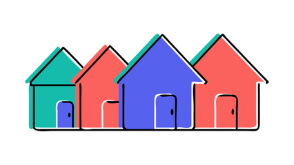 A row of simple colorful cartoon houses with peaked roofs and doors on a black background