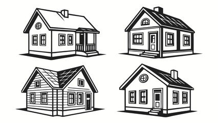 Collection of four distinct black and white line art illustrations of traditional residential houses with varying architectural styles and details