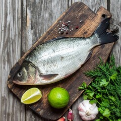 Fresh fish on wooden board
