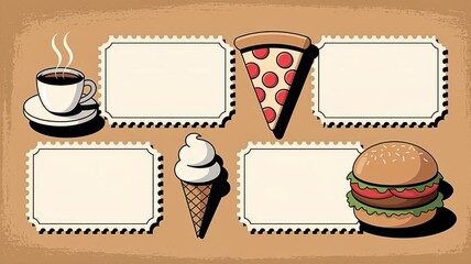 Retro food menu design with pizza, coffee, ice cream, and burger illustrations