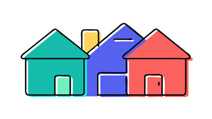 Simple cartoon style illustration of three colorful houses with thick black outlines on a black background