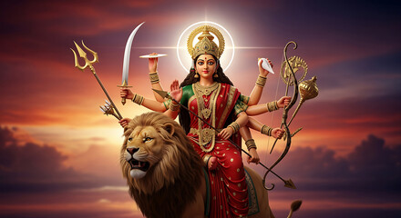 happy navratri Durga Mahashakti The Celestial Slayer of Mahishasura Illuminated in Divine Radiance, Adorned with Astral Weapons and Sacred Ornaments, Standing Victorious Amidst Cosmic Light Bursts