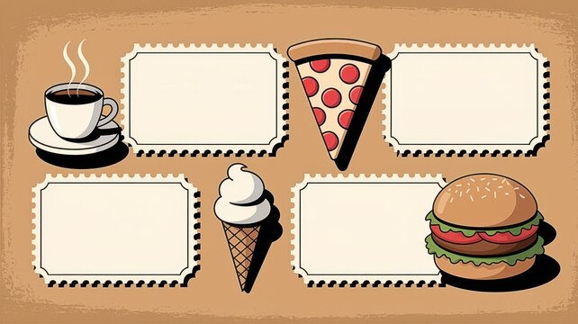 Retro food menu design with pizza, coffee, ice cream, and burger illustrations