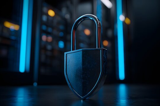 A large, shield-shaped padlock is placed in front of illuminated servers in a modern data center environment. The padlock symbolizes digital security, privacy, and protection of sensitive information.