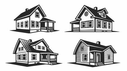 Collection of four black and white stylized illustrations of traditional american houses with porches and dormer windows