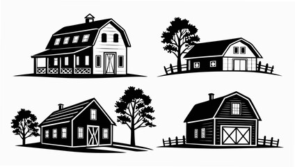 Collection of four stylized black silhouette barns with trees and fences on a white background © Ferdou