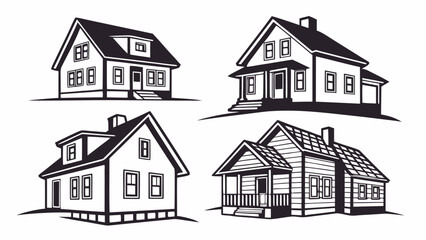 Collection of four stylized black and white vector illustrations of different residential houses and homes