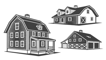 Collection of stylized vintage american farmhouses and barns rendered in a classic black and white woodcut illustration style © Ferdou