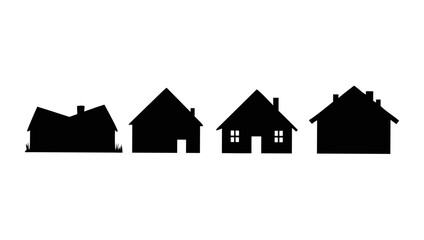 Silhouettes of four diverse houses with varying rooflines and architectural styles arranged horizontally against a dark background