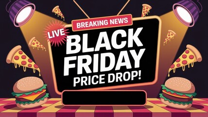 Exciting black friday live event announcement with breaking news and price drops on burgers and pizza