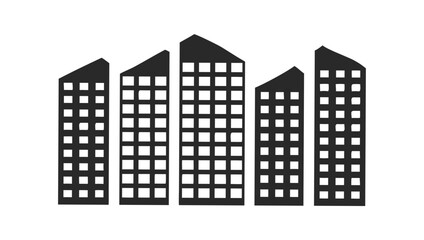 Simple dark gray silhouette of five modern high rise buildings with square windows against a black background