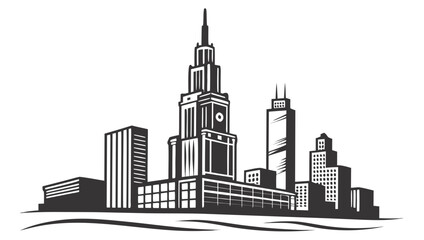 Fototapeta premium Stylized black and white illustration of a modern city skyline with tall skyscrapers and buildings against a white background