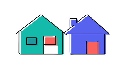 Two simple cartoon houses side by side with a teal and blue color scheme against a black background