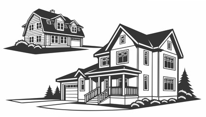 Two stylized black and white illustrations of american style houses with garages and landscaping on a white background