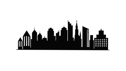 Naklejka premium A minimalist black silhouette of a diverse city skyline featuring various architectural styles and building heights against a dark background