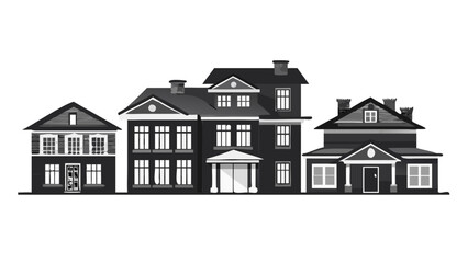 A row of charming stylized monochromatic houses with varying architectural styles and dark backgrounds