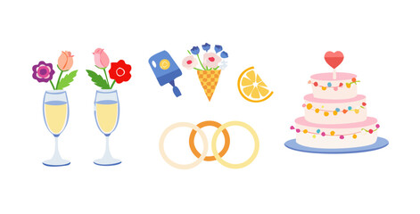 Celebration icons including champagne glasses with flowers wedding rings a tiered cake party banner and citrus slice