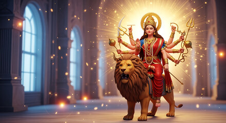 happy navratri Durga Mahashakti The Celestial Slayer of Mahishasura Illuminated in Divine Radiance, Adorned with Astral Weapons and Sacred Ornaments, Standing Victorious Amidst Cosmic Light Bursts