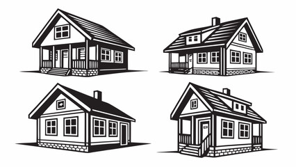 Collection of four black and white graphic illustrations of charming traditional houses with porches and pitched roofs