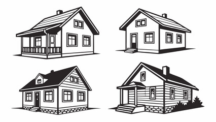 Collection of four black and white vector illustrations of different styles of houses and cottages