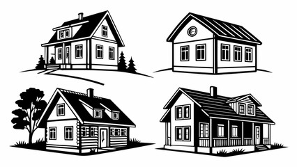 Collection of four distinct black and white stylized illustrations of traditional houses and cottages