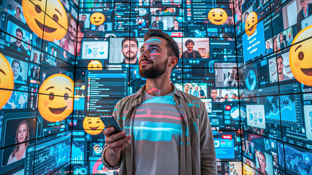 Young Man Surrounded by Social Media Screens,  Positive Vibe, Futuristic Technology, Digital Marketing Concept