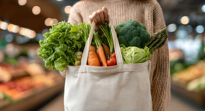 consumerism, eating and eco friendly concept - woman with white reusable canvas bag for food shopping over supermarket on background
