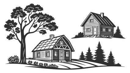 Two rustic wooden cabins nestled in a serene landscape with a large tree and evergreen forest under a white background