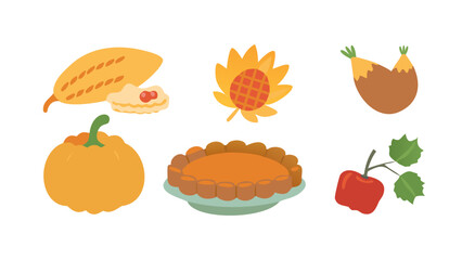 A charming collection of autumnal harvest icons including a pumpkin pie apple sunflower nuts and a cookie