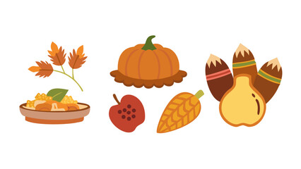 A festive collection of autumn harvest elements including a pumpkin corn apple leaves and a stylized turkey with colorful tail feathers