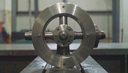 Naklejka premium Showcasing the intricate design of an industrial metal wheel, this detailed shot highlights the sophisticated mechanical engineering and manufacturing precision found in a busy workshop environment.