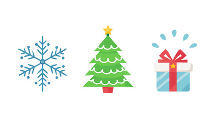 A festive trio featuring a blue snowflake a green christmas tree with a yellow star and a blue gift box with a red ribbon