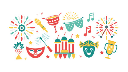 Collection of colorful festive icons including fireworks masks musical notes and trophy on a black background