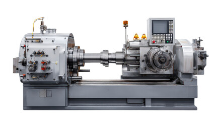 Fototapeta premium Lathe machine with metal workpiece background isolated on a Transparent background, PNG file.
