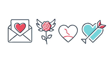 Collection of stylized romantic icons featuring a love letter a rose with wings a broken heart and a heart pierced by an arrow